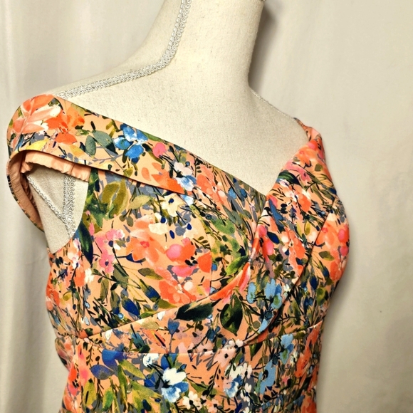 Aiden Mattox Pink Green Blue Floral Drop Shoulder Sheath Midi Dress 12 - Picture 2 of 11